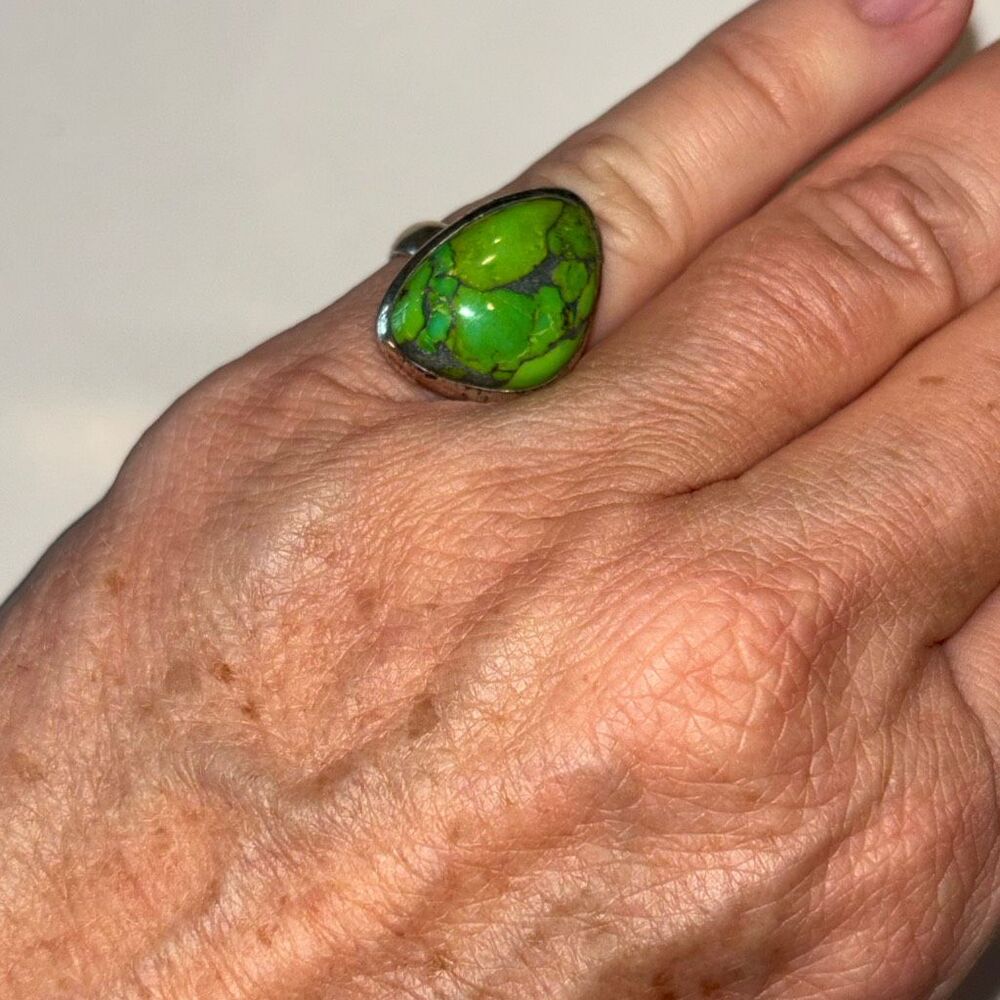 Green Mojave turquoise & 925 sterling silver ring Sz 5.5 copper vein 4.94g 15x11 - Picture 6 of 7